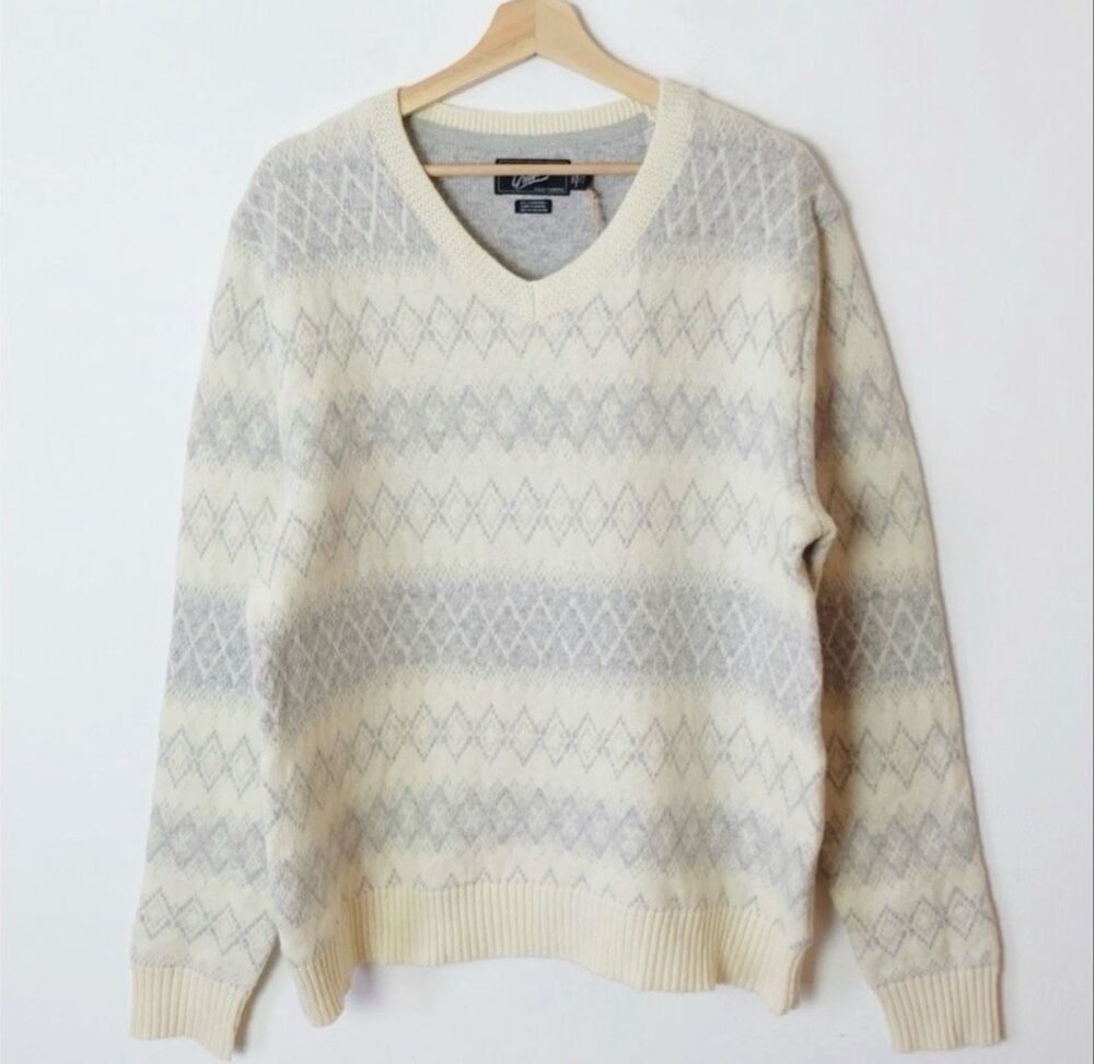 Grayers Nordic Wool Blend V-Neck Sweater Ecru/Gray XL
